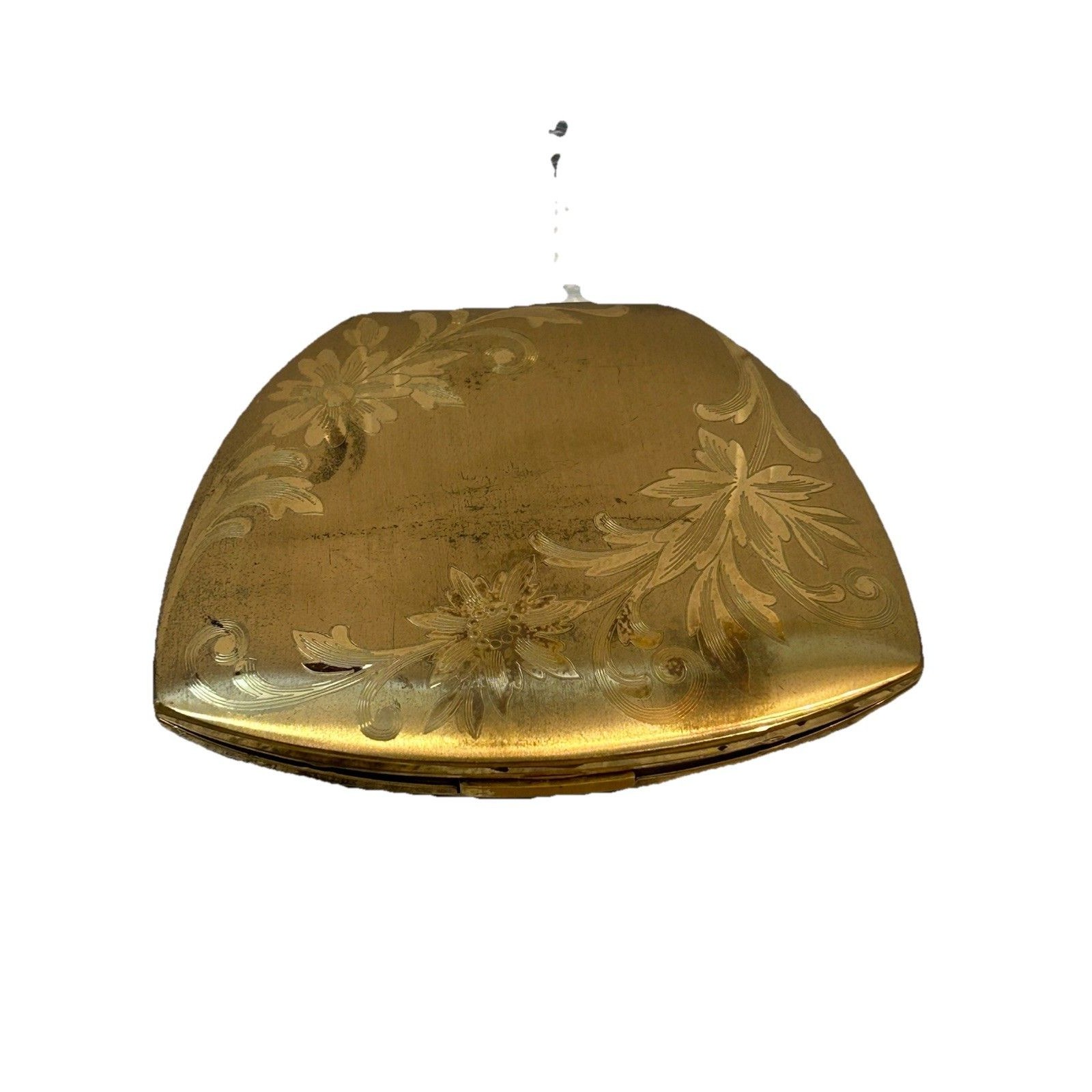 Vintage Elgin American Art Deco Gold Toned Compact Etched Leaves Mirror